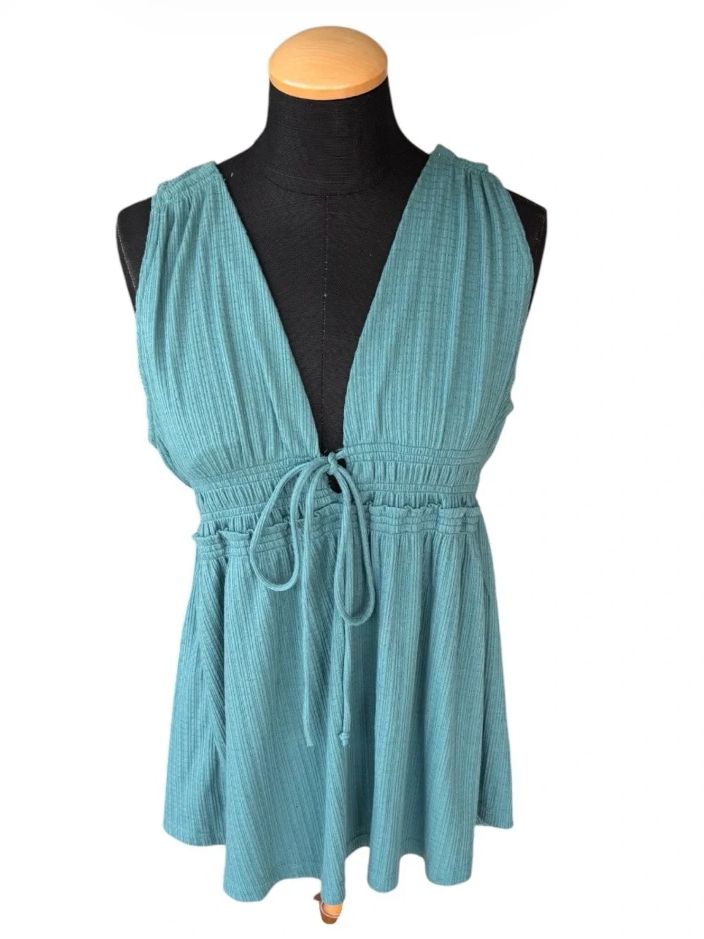 Free People Beach Bound Plunging Deep V-Neck Tank Top Teal Babydoll Size M